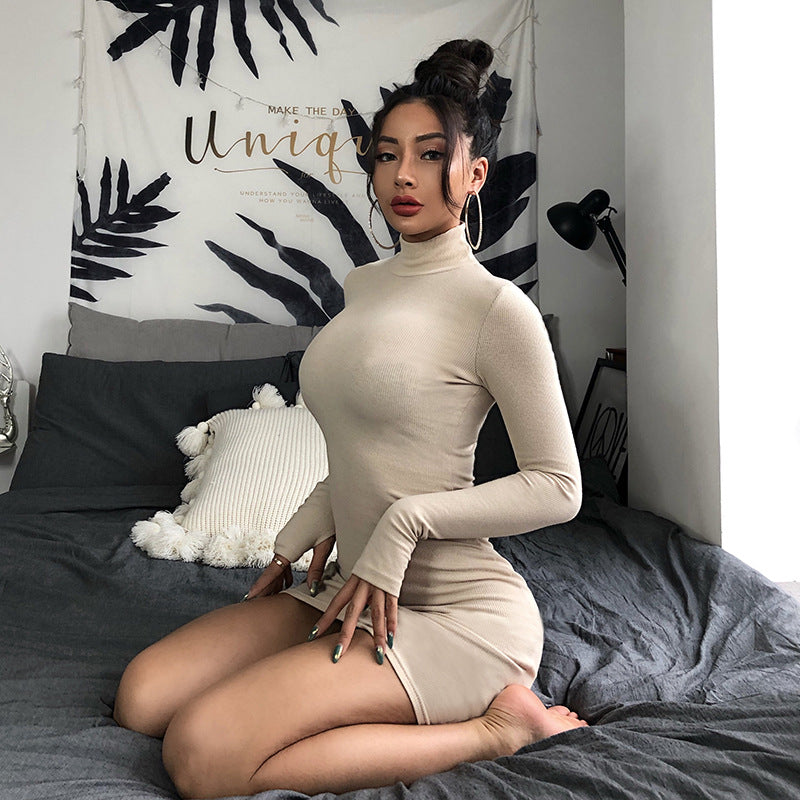 New Slim-fit High Neck Long Sleeve Hip Dress 2023 Europe and the United States Cross-border Sexy Slim-fit Simple One-step Dress