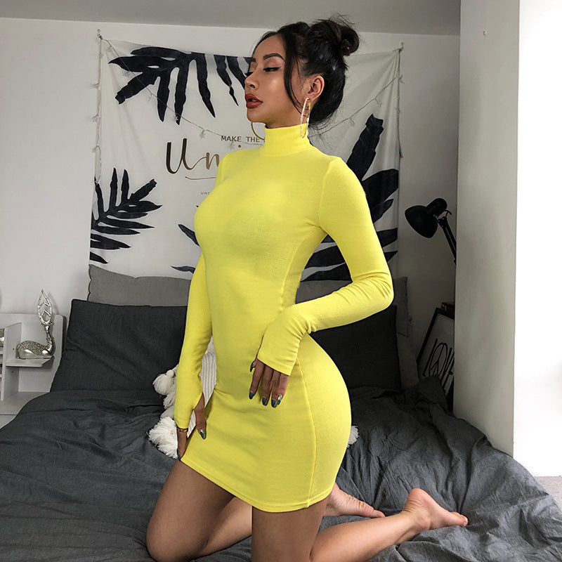 New Slim-fit High Neck Long Sleeve Hip Dress 2023 Europe and the United States Cross-border Sexy Slim-fit Simple One-step Dress