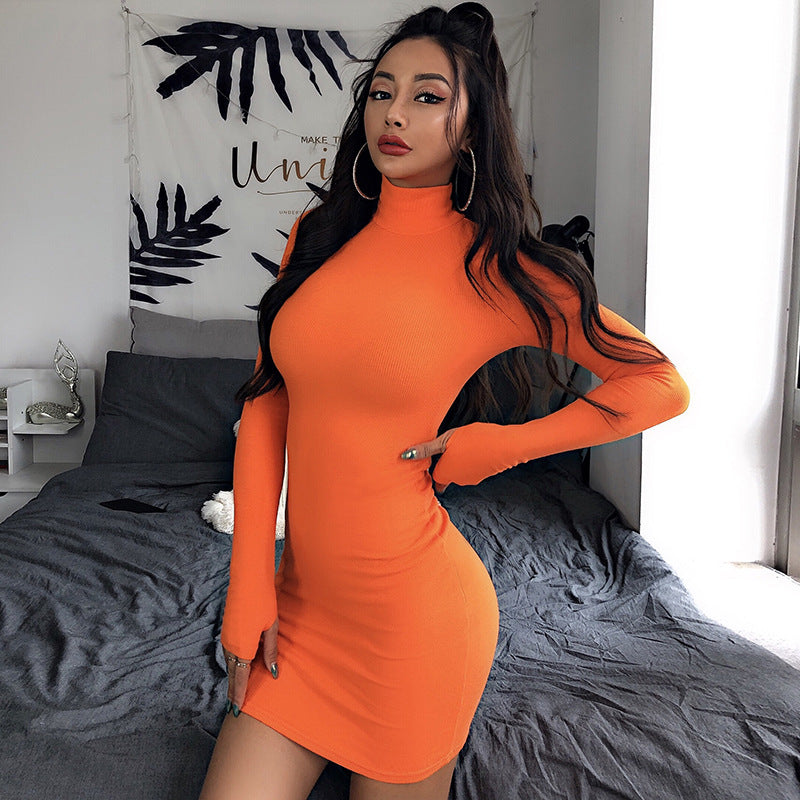 New Slim-fit High Neck Long Sleeve Hip Dress 2023 Europe and the United States Cross-border Sexy Slim-fit Simple One-step Dress