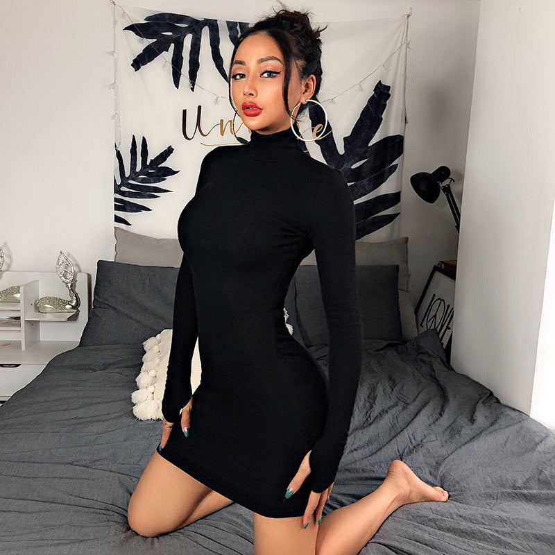 New Slim-fit High Neck Long Sleeve Hip Dress 2023 Europe and the United States Cross-border Sexy Slim-fit Simple One-step Dress