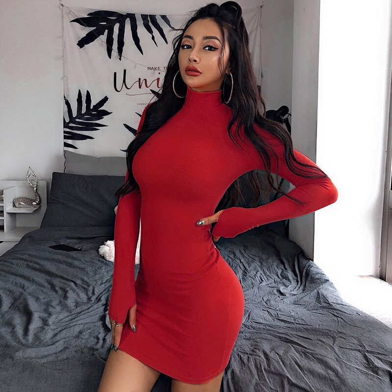 New Slim-fit High Neck Long Sleeve Hip Dress 2023 Europe and the United States Cross-border Sexy Slim-fit Simple One-step Dress