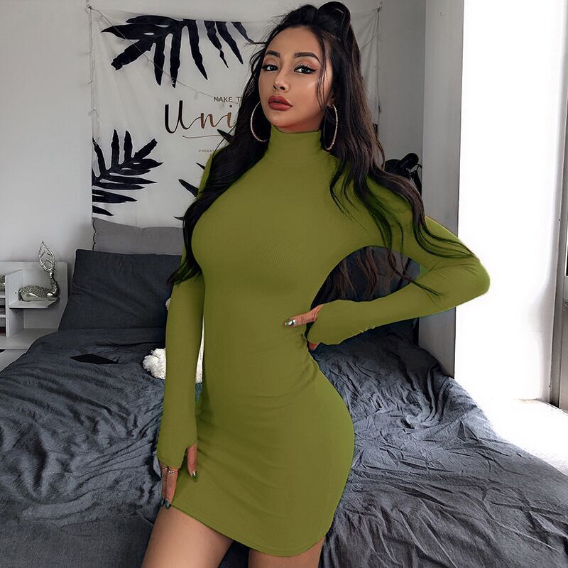 New Slim-fit High Neck Long Sleeve Hip Dress 2023 Europe and the United States Cross-border Sexy Slim-fit Simple One-step Dress