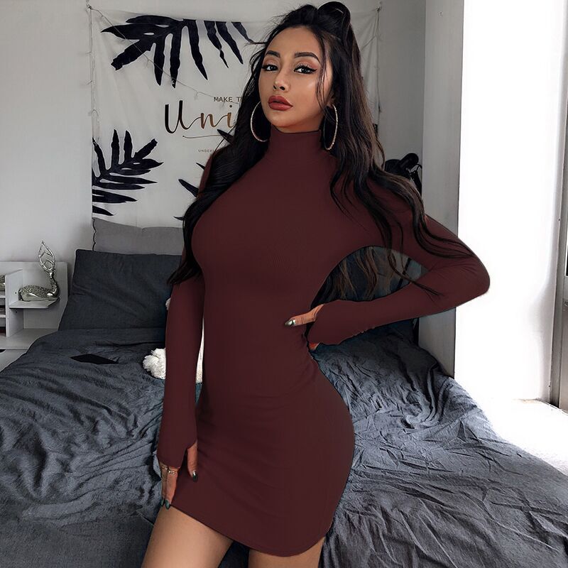 New Slim-fit High Neck Long Sleeve Hip Dress 2023 Europe and the United States Cross-border Sexy Slim-fit Simple One-step Dress