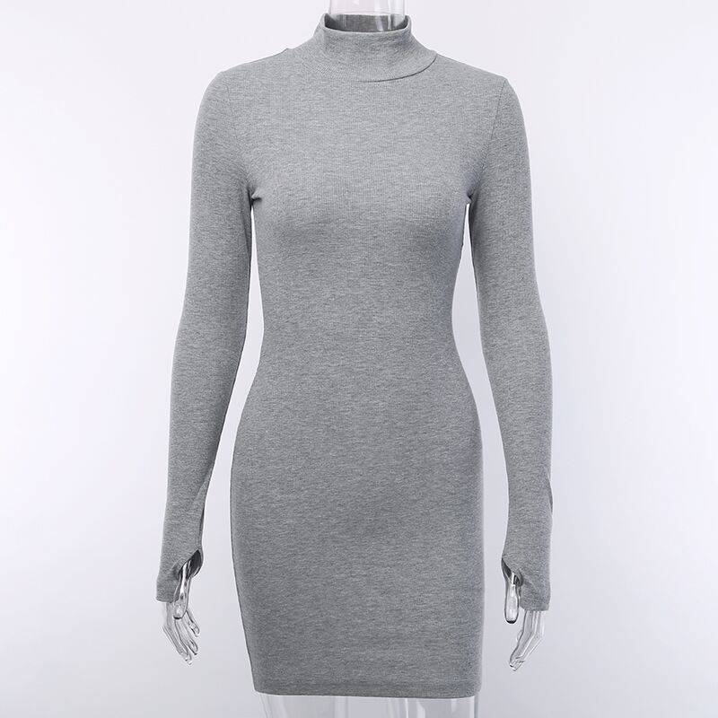 New Slim-fit High Neck Long Sleeve Hip Dress 2023 Europe and the United States Cross-border Sexy Slim-fit Simple One-step Dress