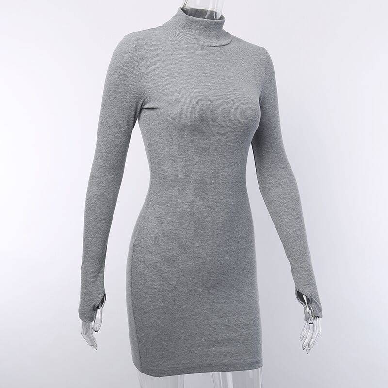 New Slim-fit High Neck Long Sleeve Hip Dress 2023 Europe and the United States Cross-border Sexy Slim-fit Simple One-step Dress
