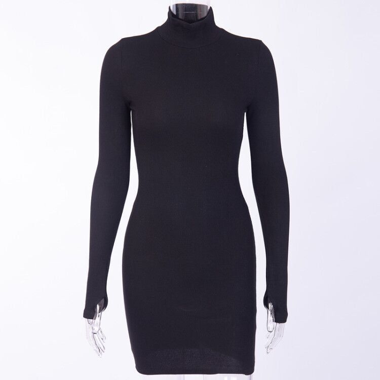 New Slim-fit High Neck Long Sleeve Hip Dress 2023 Europe and the United States Cross-border Sexy Slim-fit Simple One-step Dress