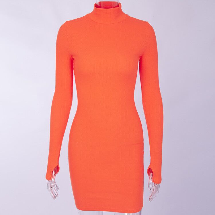 New Slim-fit High Neck Long Sleeve Hip Dress 2023 Europe and the United States Cross-border Sexy Slim-fit Simple One-step Dress