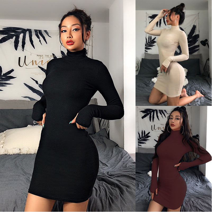 New Slim-fit High Neck Long Sleeve Hip Dress 2023 Europe and the United States Cross-border Sexy Slim-fit Simple One-step Dress
