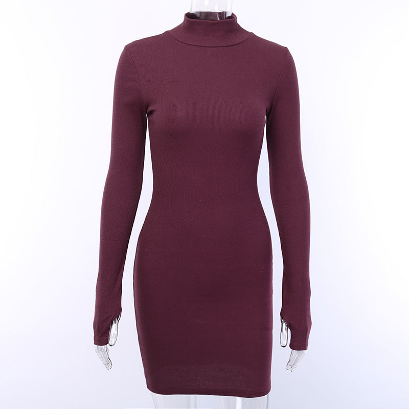 New Slim-fit High Neck Long Sleeve Hip Dress 2023 Europe and the United States Cross-border Sexy Slim-fit Simple One-step Dress