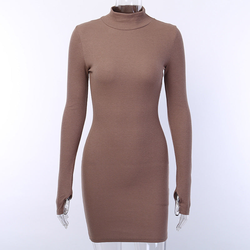 New Slim-fit High Neck Long Sleeve Hip Dress 2023 Europe and the United States Cross-border Sexy Slim-fit Simple One-step Dress
