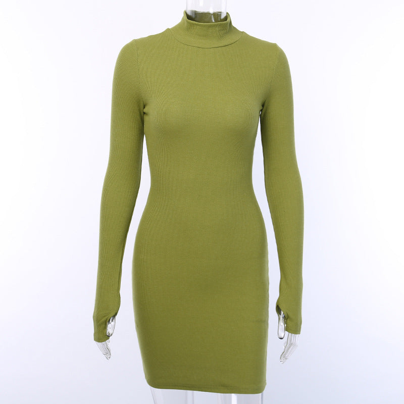 New Slim-fit High Neck Long Sleeve Hip Dress 2023 Europe and the United States Cross-border Sexy Slim-fit Simple One-step Dress