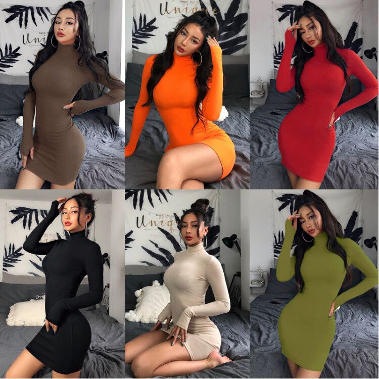 New Slim-fit High Neck Long Sleeve Hip Dress 2023 Europe and the United States Cross-border Sexy Slim-fit Simple One-step Dress