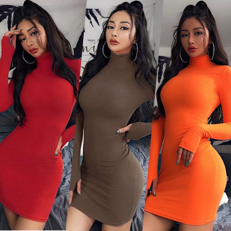 New Slim-fit High Neck Long Sleeve Hip Dress 2023 Europe and the United States Cross-border Sexy Slim-fit Simple One-step Dress