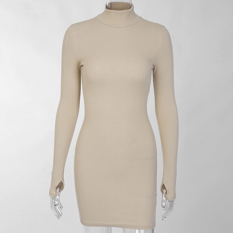 New Slim-fit High Neck Long Sleeve Hip Dress 2023 Europe and the United States Cross-border Sexy Slim-fit Simple One-step Dress