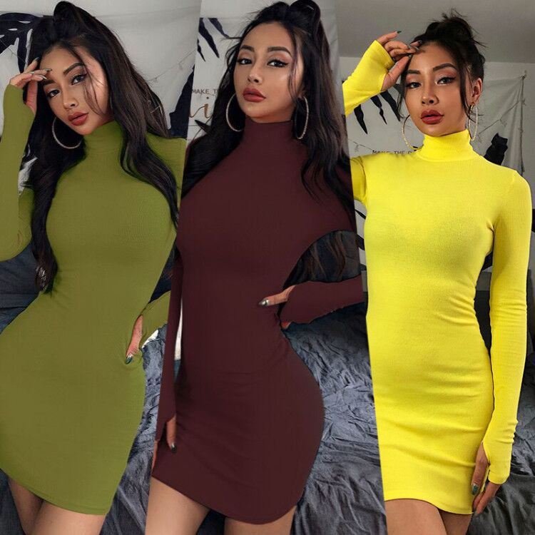 New Slim-fit High Neck Long Sleeve Hip Dress 2023 Europe and the United States Cross-border Sexy Slim-fit Simple One-step Dress