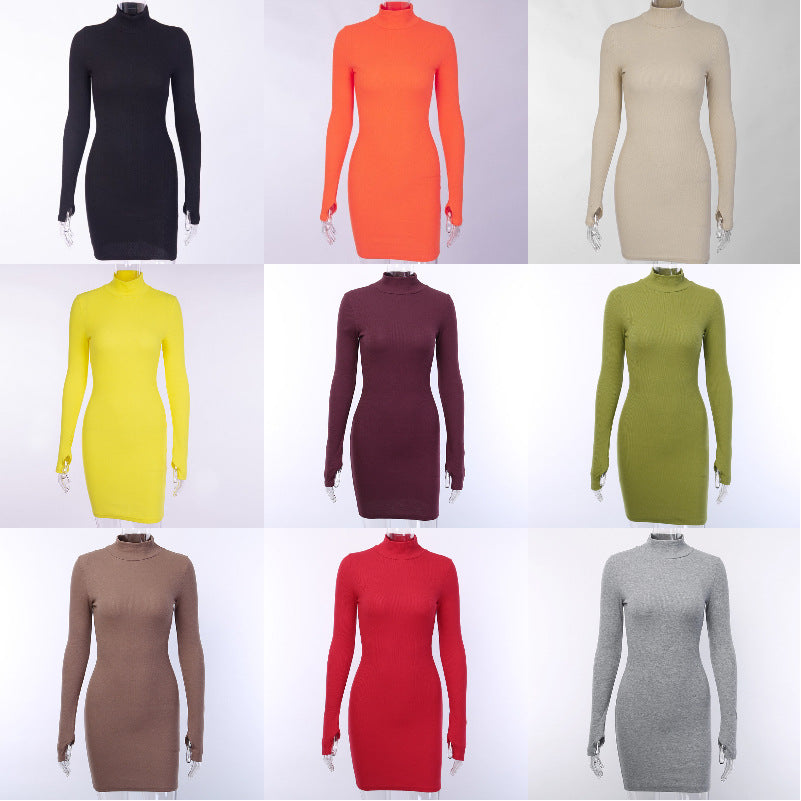New Slim-fit High Neck Long Sleeve Hip Dress 2023 Europe and the United States Cross-border Sexy Slim-fit Simple One-step Dress