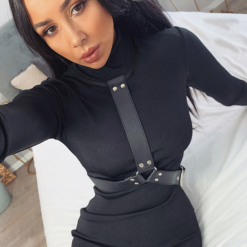 New Slim-fit High Neck Long Sleeve Hip Dress 2023 Europe and the United States Cross-border Sexy Slim-fit Simple One-step Dress