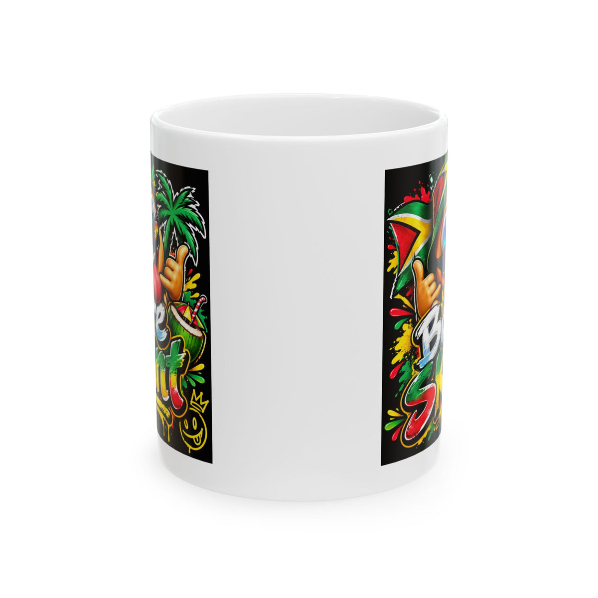 Rasta Vibes Ceramic Mug — Colorful Reggae Palm Tree & Peace Design (11oz, 15oz)