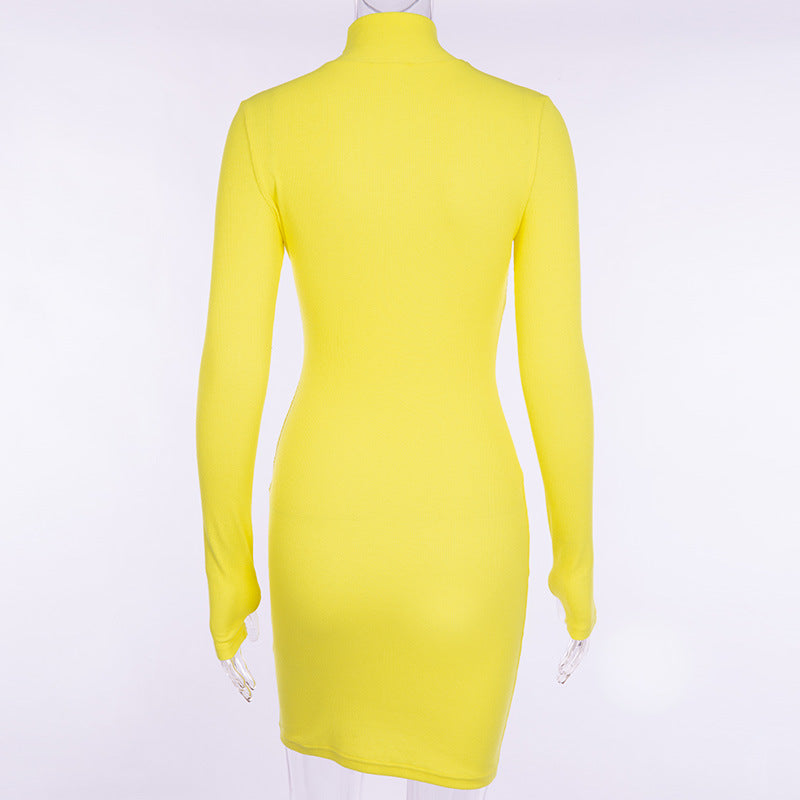 New Slim-fit High Neck Long Sleeve Hip Dress 2023 Europe and the United States Cross-border Sexy Slim-fit Simple One-step Dress
