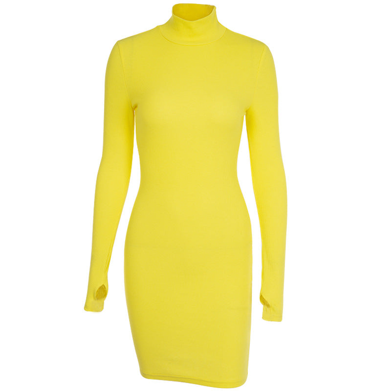 New Slim-fit High Neck Long Sleeve Hip Dress 2023 Europe and the United States Cross-border Sexy Slim-fit Simple One-step Dress