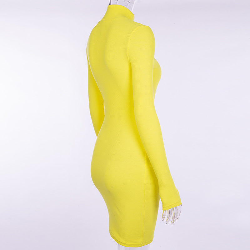 New Slim-fit High Neck Long Sleeve Hip Dress 2023 Europe and the United States Cross-border Sexy Slim-fit Simple One-step Dress
