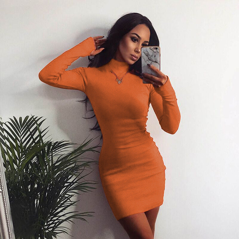 New Slim-fit High Neck Long Sleeve Hip Dress 2023 Europe and the United States Cross-border Sexy Slim-fit Simple One-step Dress
