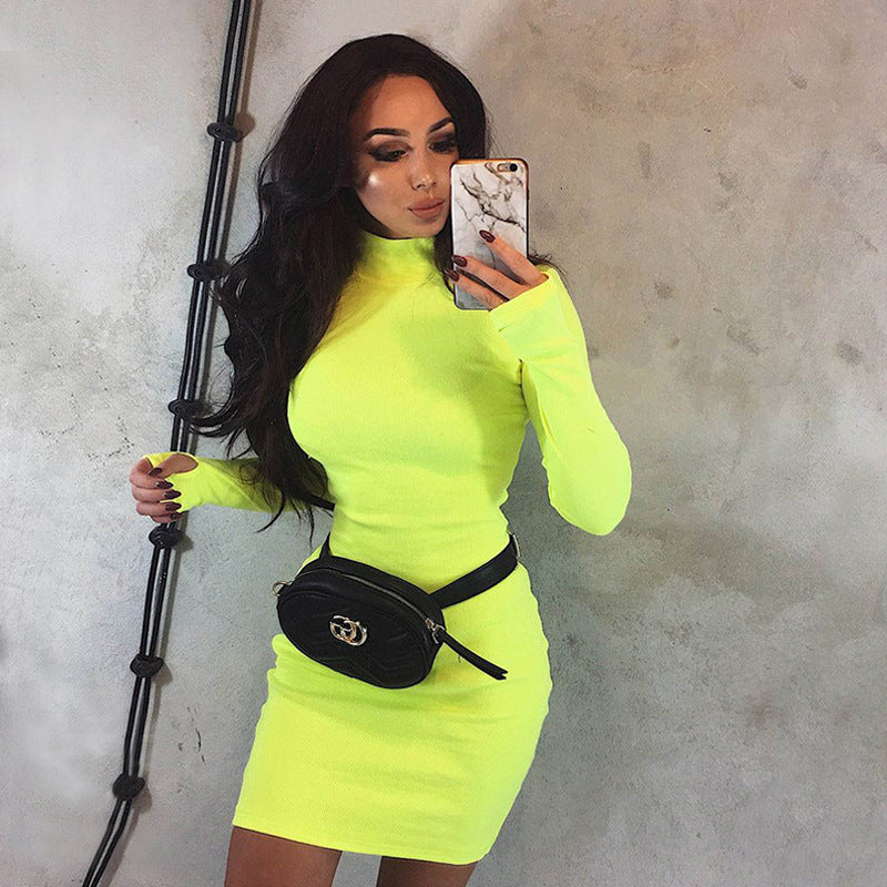 New Slim-fit High Neck Long Sleeve Hip Dress 2023 Europe and the United States Cross-border Sexy Slim-fit Simple One-step Dress