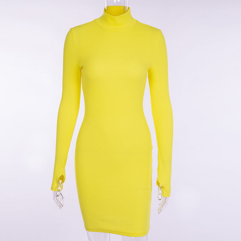 New Slim-fit High Neck Long Sleeve Hip Dress 2023 Europe and the United States Cross-border Sexy Slim-fit Simple One-step Dress