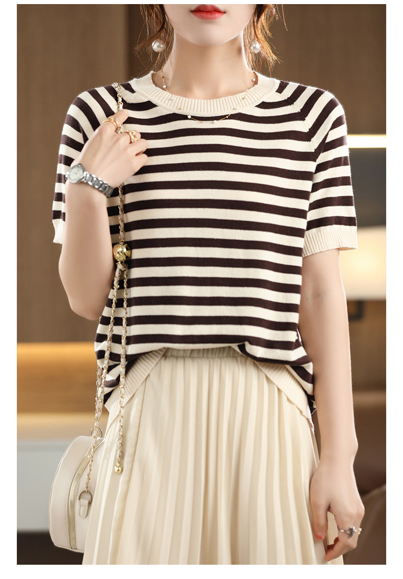Summer New Striped Sweater T-shirt Women's Loose Round Neck Rags Short Sleeve Western Style Pure Cotton Backing Fashion