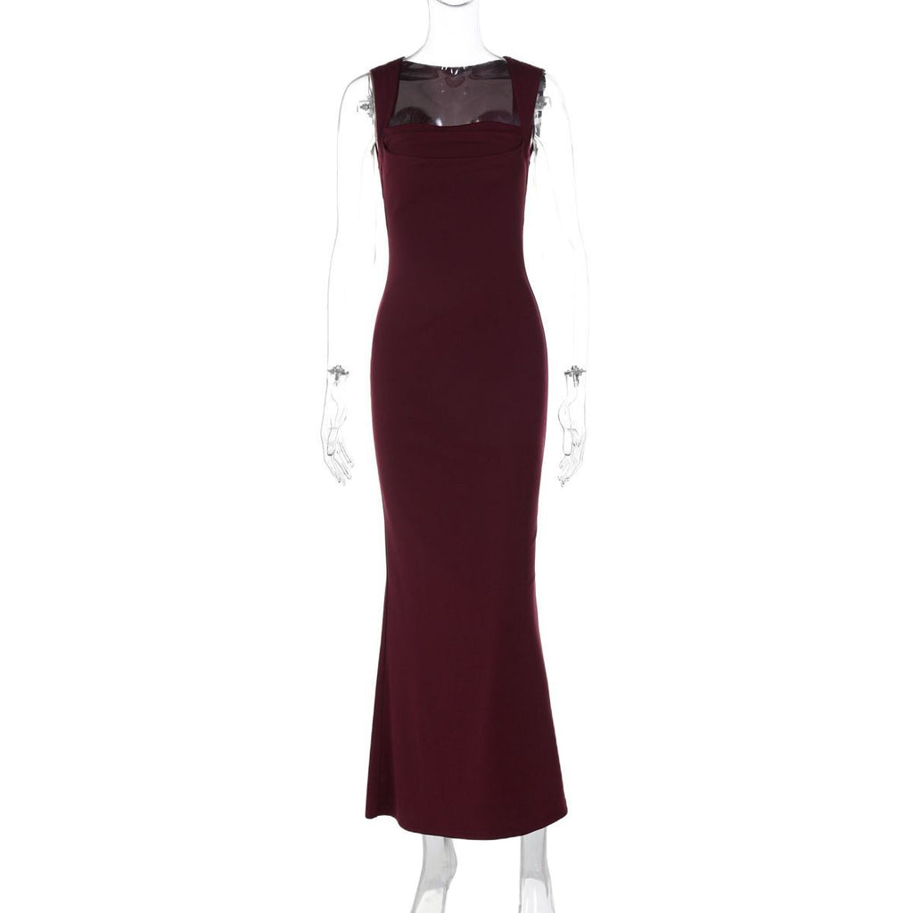 European and American Cross-Border Spring and Summer Women's Solid Color Sleeveless Square Neck Fashion Sexy Elegant Evening Slim Fit Bodycon Pencil Skirt Trendy