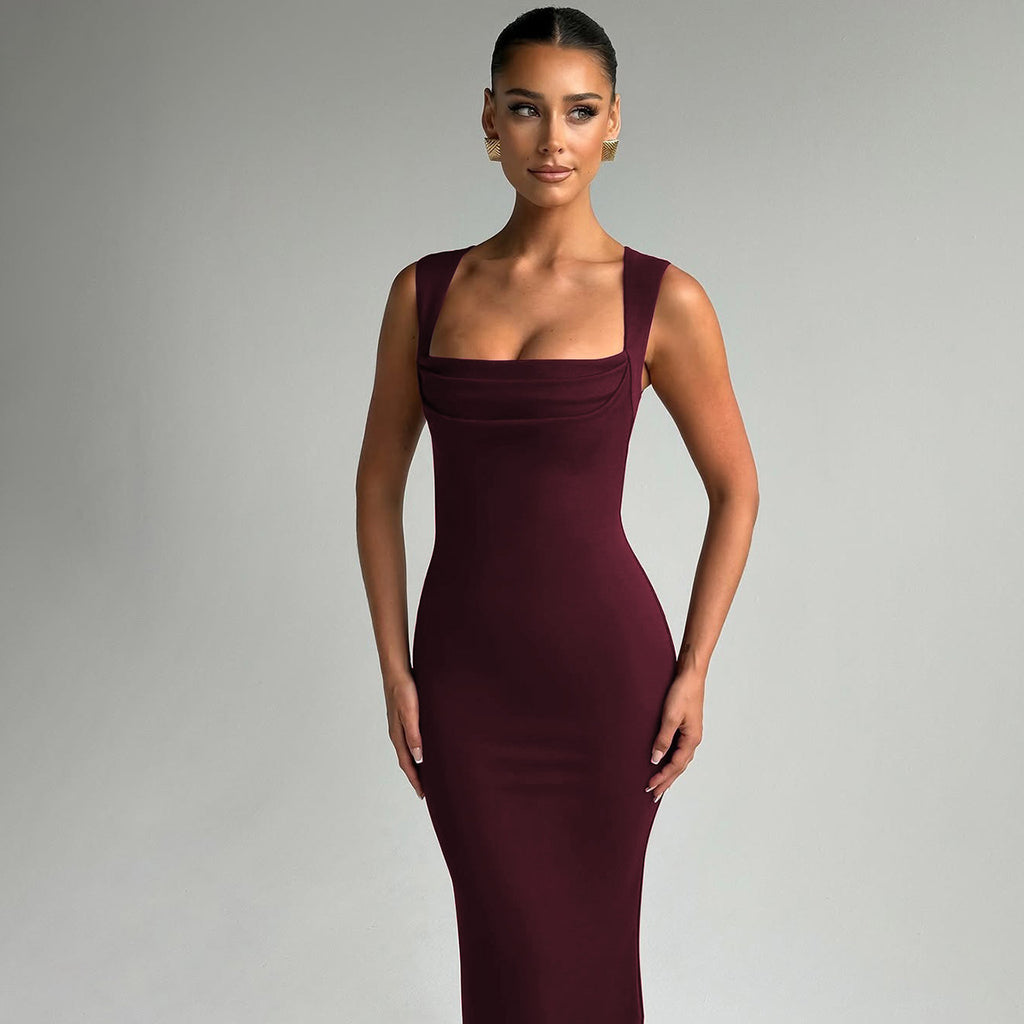 European and American Cross-Border Spring and Summer Women's Solid Color Sleeveless Square Neck Fashion Sexy Elegant Evening Slim Fit Bodycon Pencil Skirt Trendy
