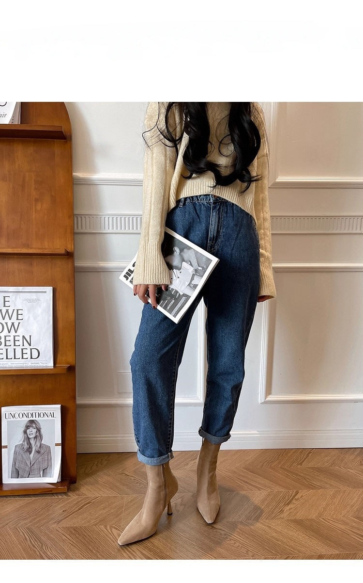 Pointed Toe High-Heeled Short Boots for Women, Korean Style Stiletto Heel, Side Zipper, Elastic Slim Boots, Temperament and Versatile Fashion Boots
