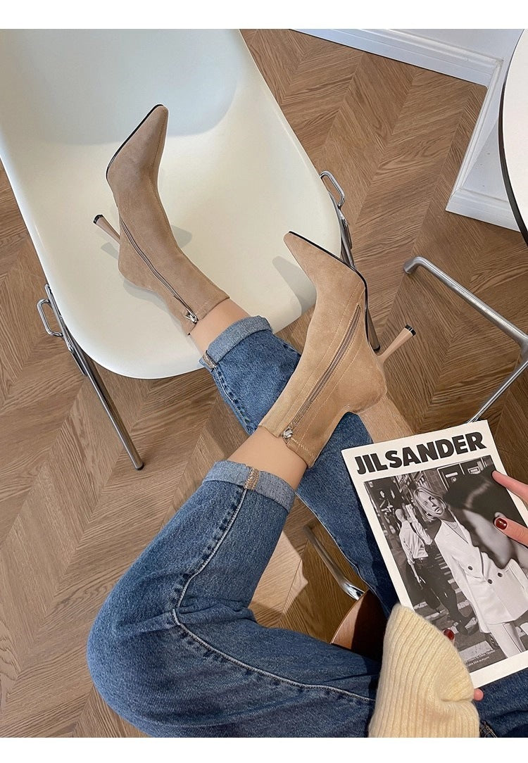 Pointed Toe High-Heeled Short Boots for Women, Korean Style Stiletto Heel, Side Zipper, Elastic Slim Boots, Temperament and Versatile Fashion Boots