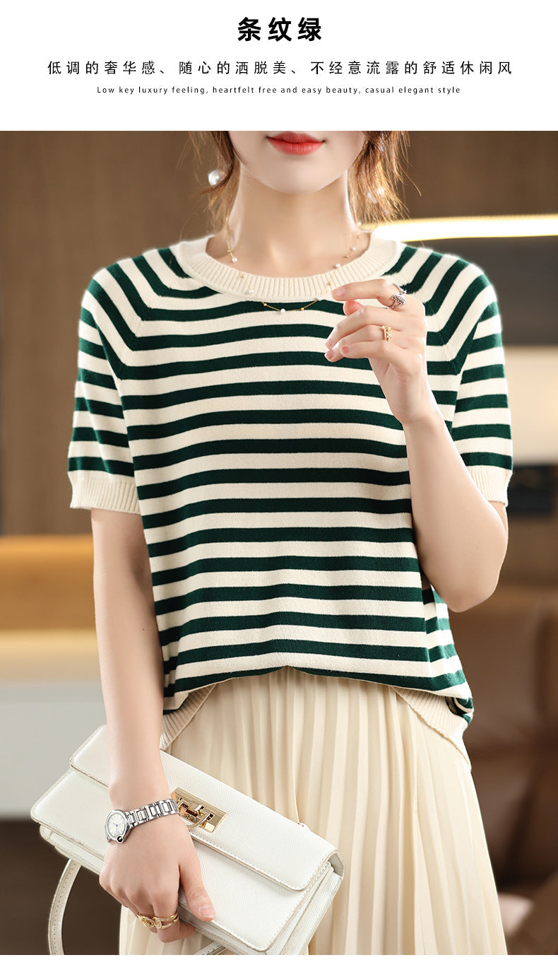 Summer New Striped Sweater T-shirt Women's Loose Round Neck Rags Short Sleeve Western Style Pure Cotton Backing Fashion
