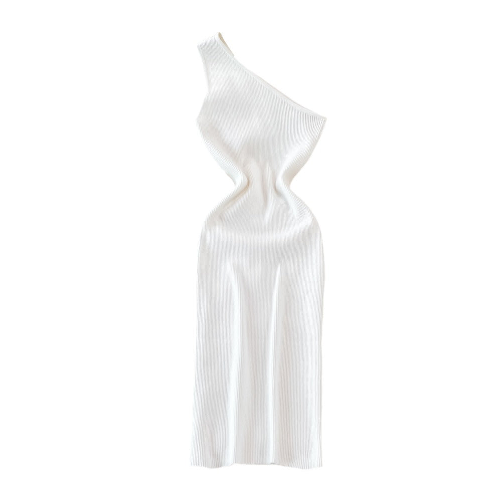 2026 Summer New Style Korean Fashion One-Shoulder Solid Color Slimming Elastic Bodycon Knit Dress 7100
