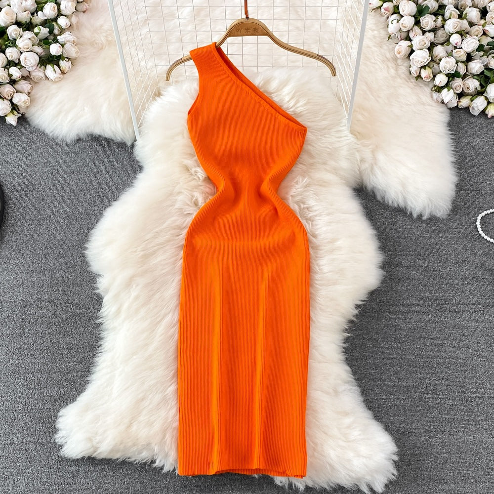 2026 Summer New Style Korean Fashion One-Shoulder Solid Color Slimming Elastic Bodycon Knit Dress 7100