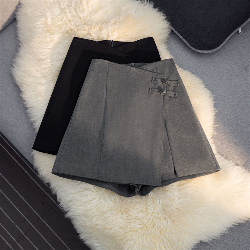 New Chinese Style National Style Pants Skirt Women's Asymmetrical 2025 Summer Fashion Suit Shorts High Waist Slimming Look A-Line Wide Leg Pants
