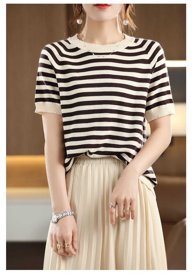 Summer New Striped Sweater T-shirt Women's Loose Round Neck Rags Short Sleeve Western Style Pure Cotton Backing Fashion