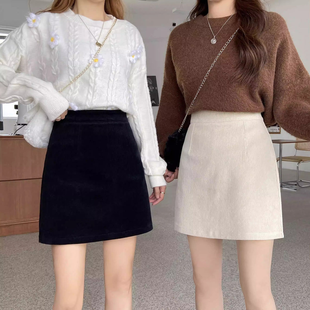 2023 New Autumn and Winter Skirts for Women, Corduroy Skirts, Small High-Waist Slimming Look Korean Style A-Line Hip Skirts