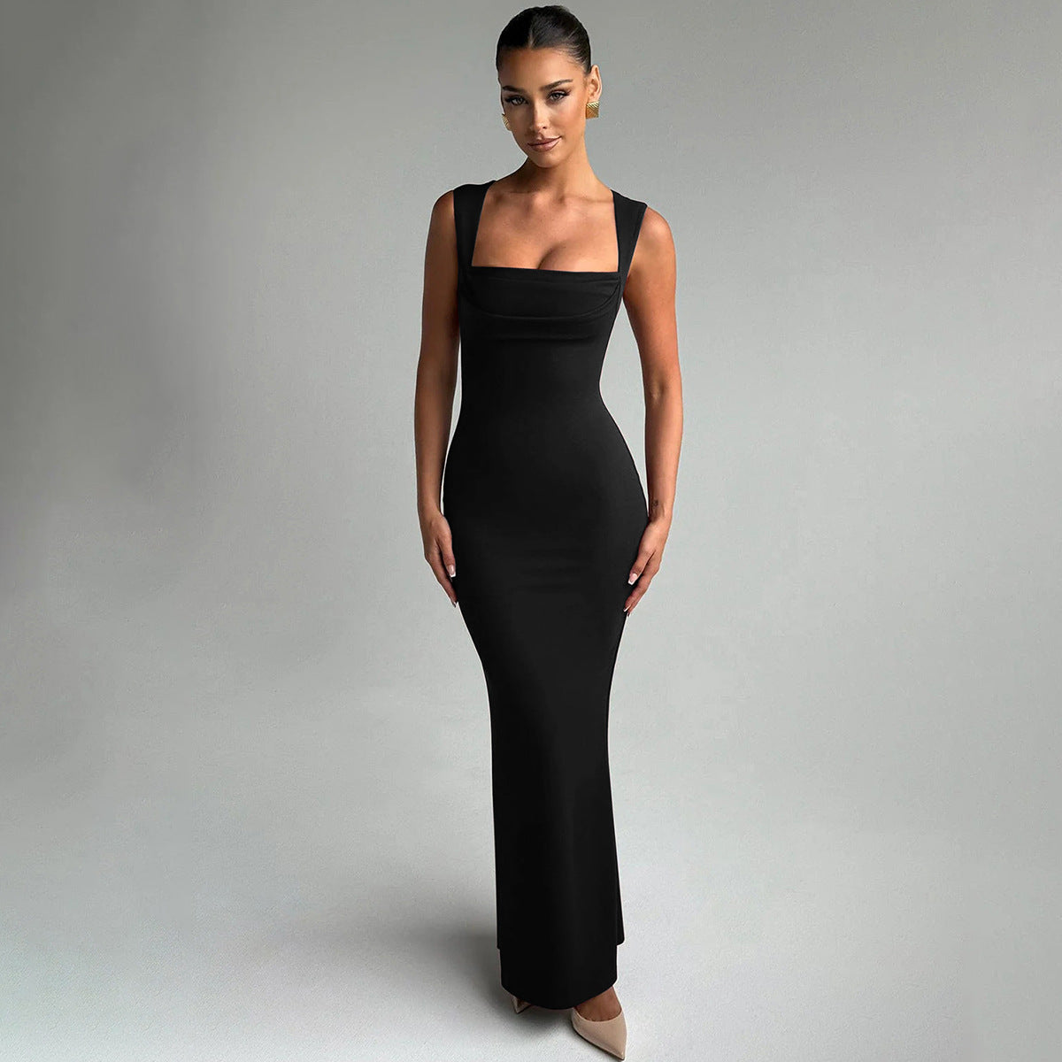 European and American Cross-Border Spring and Summer Women's Solid Color Sleeveless Square Neck Fashion Sexy Elegant Evening Slim Fit Bodycon Pencil Skirt Trendy