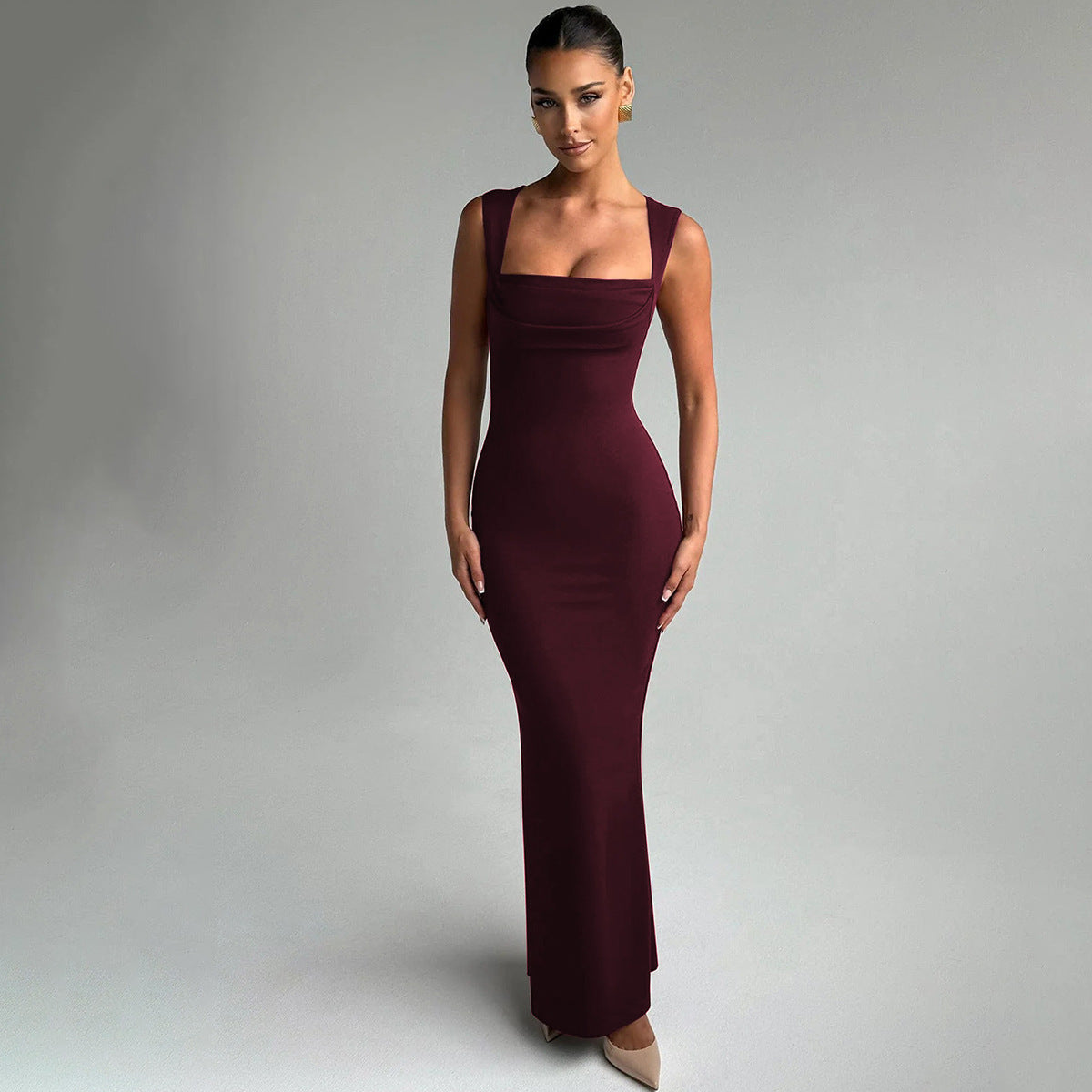European and American Cross-Border Spring and Summer Women's Solid Color Sleeveless Square Neck Fashion Sexy Elegant Evening Slim Fit Bodycon Pencil Skirt Trendy