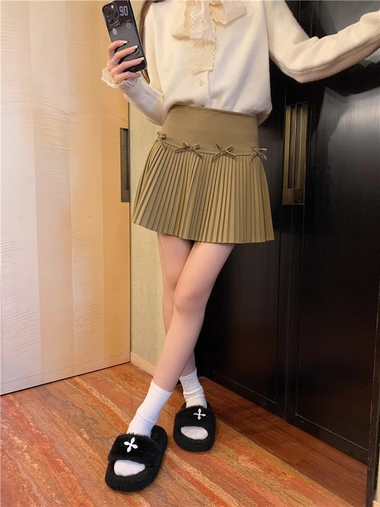 White Skirt, Bow Skirt, Black Pleated Skirt, Women's Early Autumn High-Waisted Slimming Look A-Line Skirt, Woolen Skirt