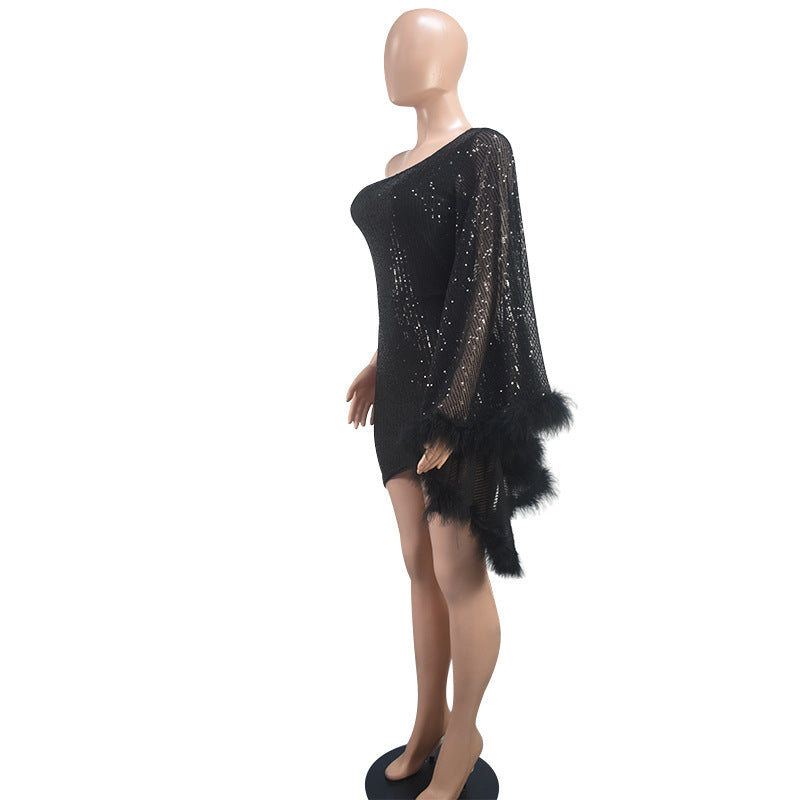9581 Amazon Cross-Border Women's New Product One-Shoulder Single-Sleeve Bodycon Dress Christmas Stage Performance Evening Dress