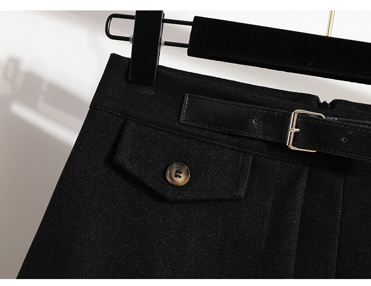 Real Shot of Autumn and Winter Skirts, Plus Size Woolen Jk High-Waisted Skirts, Petite Pleated Skirts, Black Culottes