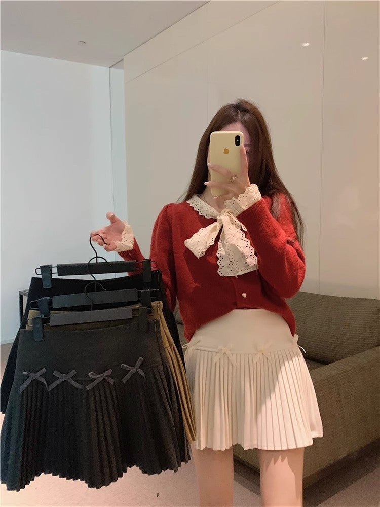 White Skirt, Bow Skirt, Black Pleated Skirt, Women's Early Autumn High-Waisted Slimming Look A-Line Skirt, Woolen Skirt