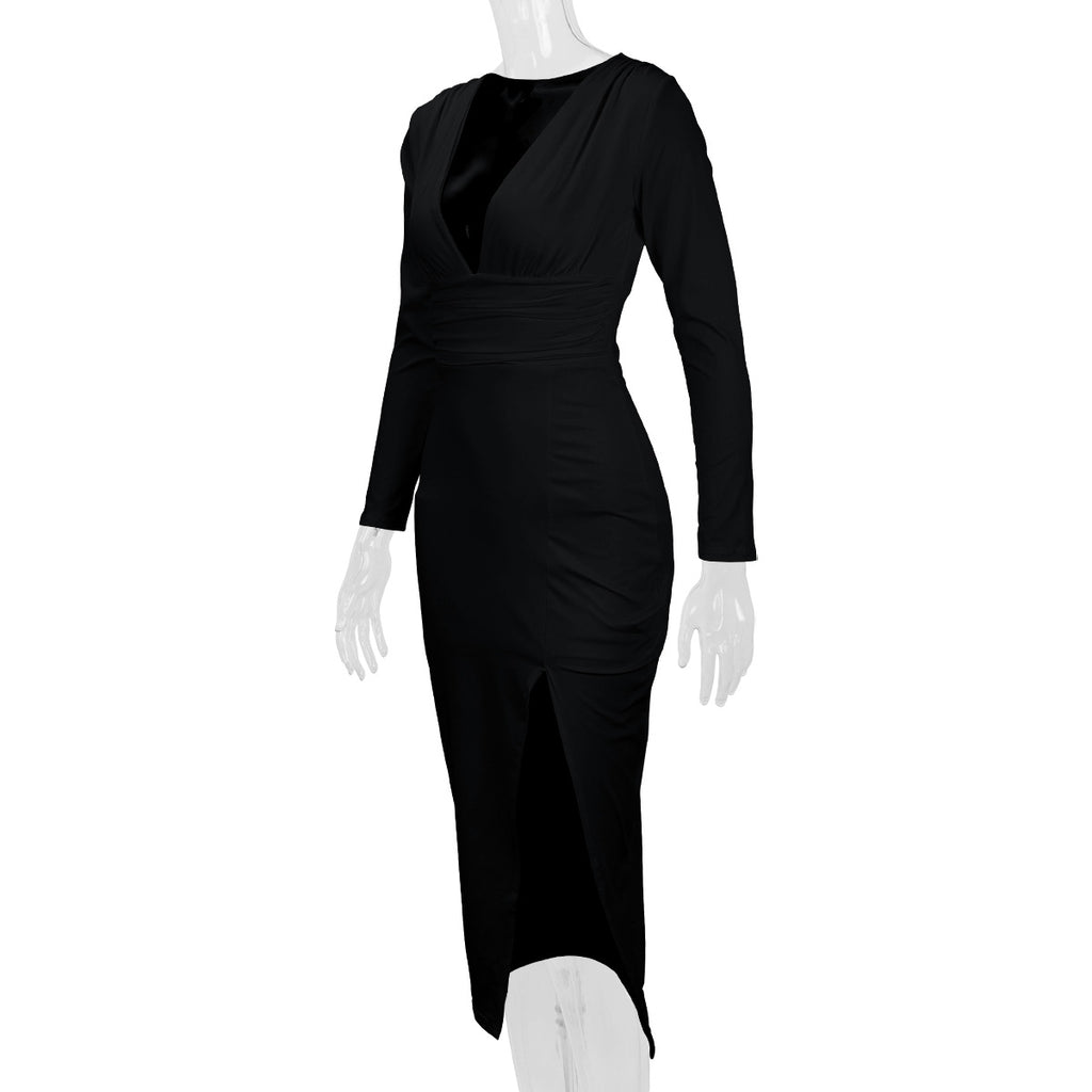 2026 Autumn and Winter New Cross-Border Long Dress European and American Style Sexy Bodycon Slim Fit Slit V-Neck Long Sleeve Dress