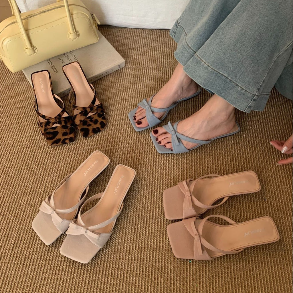 French Evening Style One-Line Sandals 2025 Summer New Elegant Bow Sandals with Skirts Women's Shoes