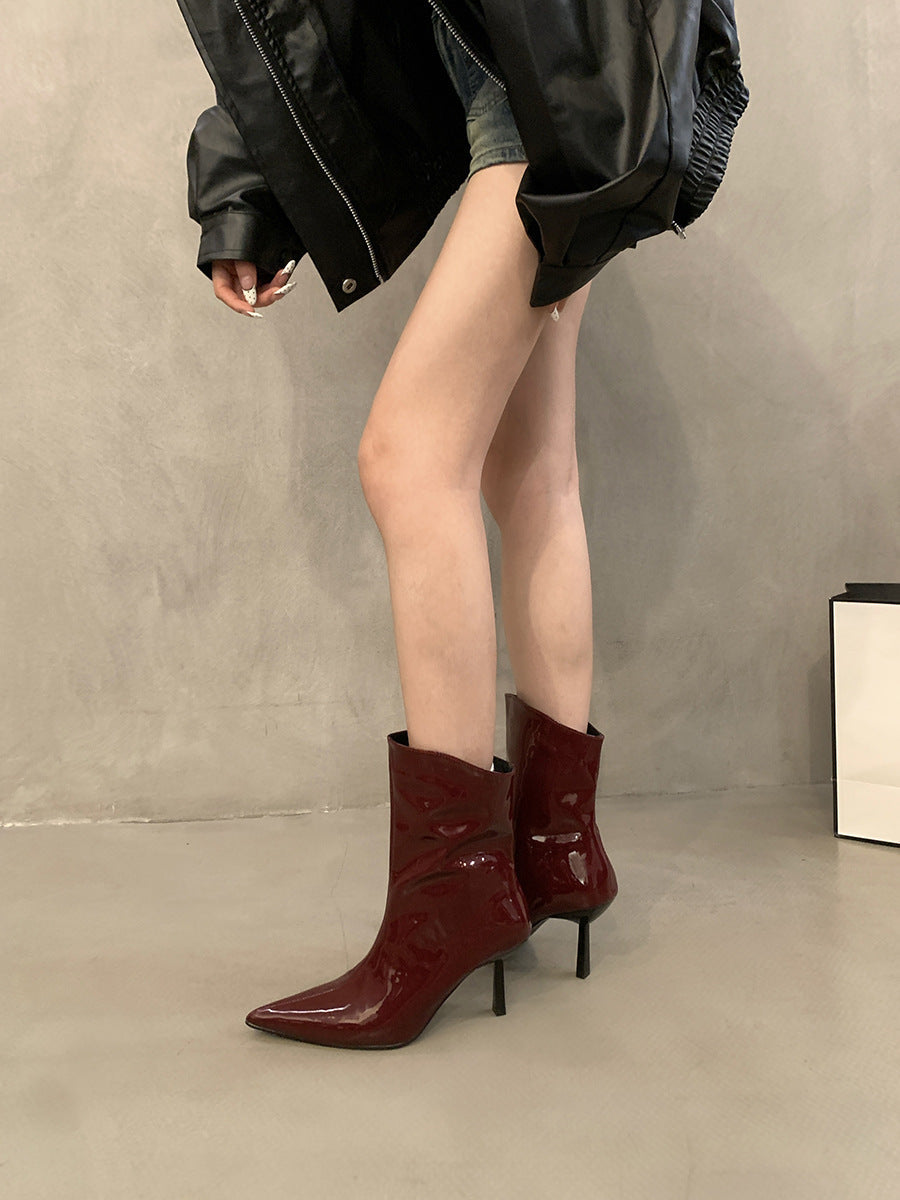 Pointed Toe Patent Leather Red Short Boots for Women 2025 Spring & Fall New Slim Stiletto Short Boots High Heels Slim Boots Nude Boots