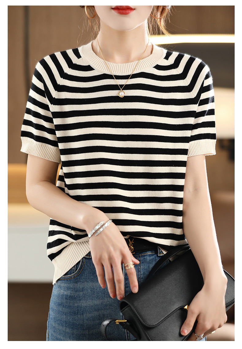 Summer New Striped Sweater T-shirt Women's Loose Round Neck Rags Short Sleeve Western Style Pure Cotton Backing Fashion