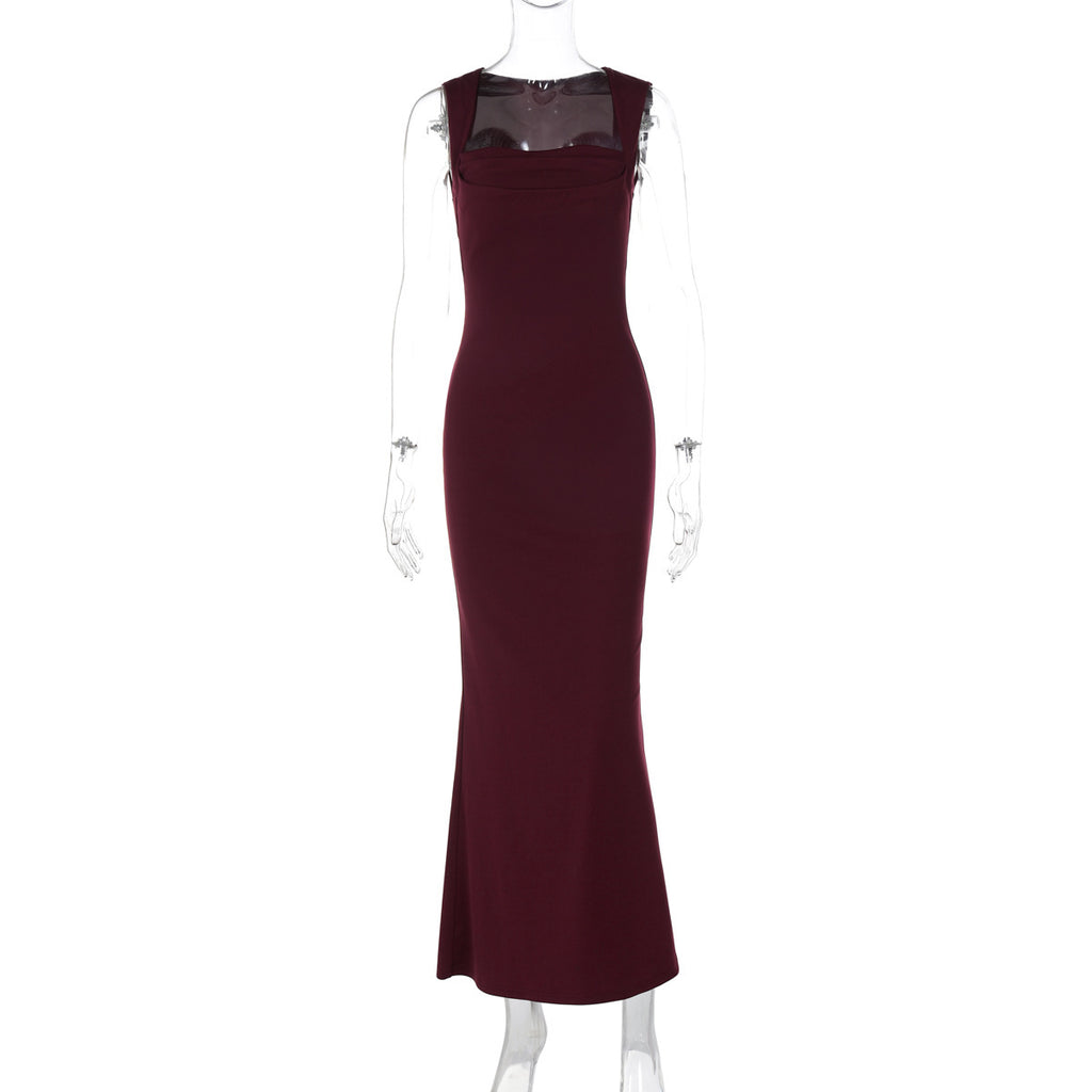 European and American Cross-Border Spring and Summer Women's Solid Color Sleeveless Square Neck Fashion Sexy Elegant Evening Slim Fit Bodycon Pencil Skirt Trendy